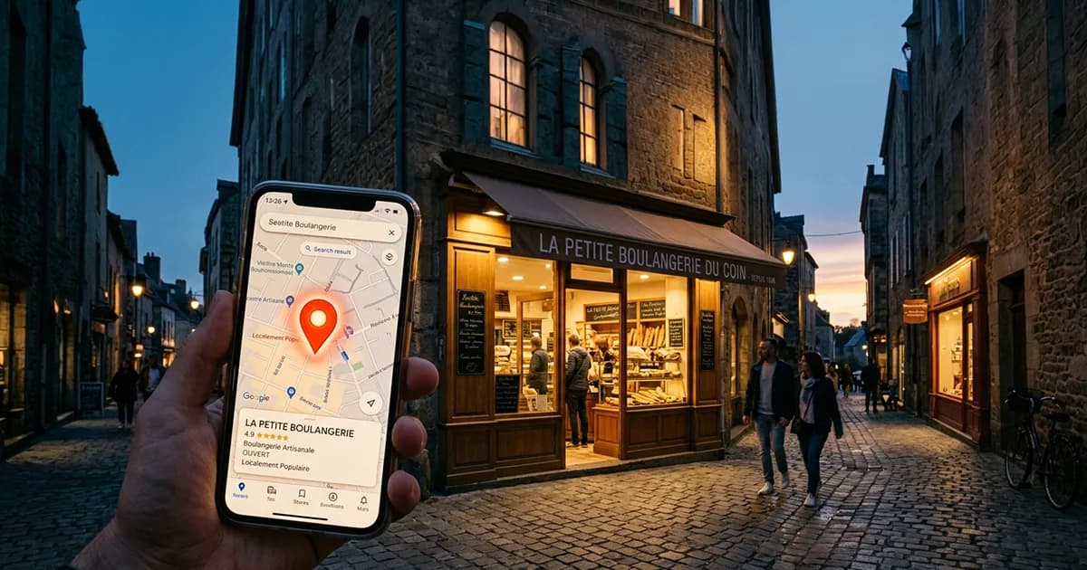 Commerce local vu à travers un smartphone affichant un repère Google Maps